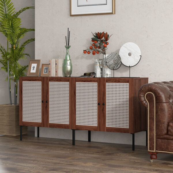 Costway Set of 2 Rattan Buffet Sideboard Wine Cabinet Cupboard w/Adjustable Shelf Walnut 4