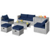 Patiojoy 8PCS Patio Rattan Furniture Set Storage Waterproof Cover Navy Cushion HW68604NY+ 1