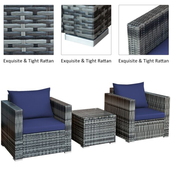 Patiojoy 3 PC Patio Rattan Furniture Bistro Set Cushioned Sofa Chair Table Navy HW66530NY+ 5