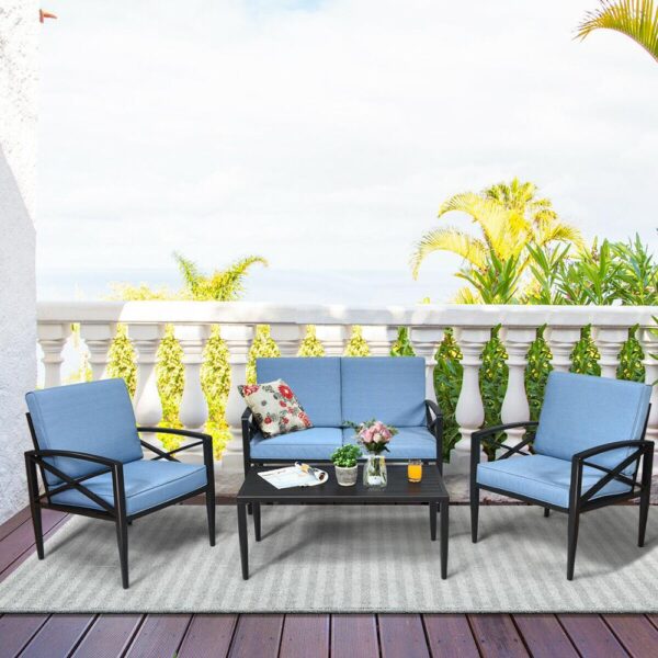4PCS Patio Furniture Set Aluminum Frame Cushioned Sofa Chair Coffee Table Blue HW65783+ 3