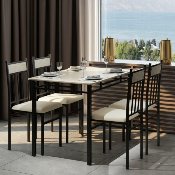 5 Piece Dining Set Faux Marble Top Table and 4 Padded Seat Chairs w/ Metal Legs HW61424 3