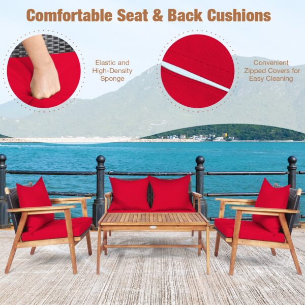 4PCS Patio Rattan Furniture Set Acacia Wood Frame Cushioned Sofa Chair Red HW66517RE+ 5