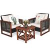 3PCS Patio Wicker Furniture Set Solid Wood Frame Cushion Sofa Square Table Shelf HW65227 5