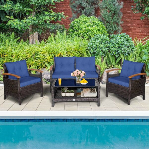 Patiojoy 4PCS Patio Rattan Furniture Set Cushioned Sofa Storage Table Navy 4