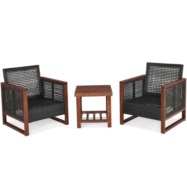 3PCS Patio Wicker Furniture Set Solid Wood Frame Cushion Sofa Square Table Shelf HW65227 6
