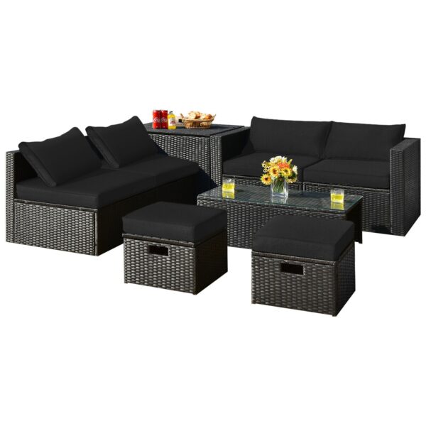 Patiojoy 8PCS Patio Rattan Furniture Set Storage Table Ottoman Black HW68605DK+ 1