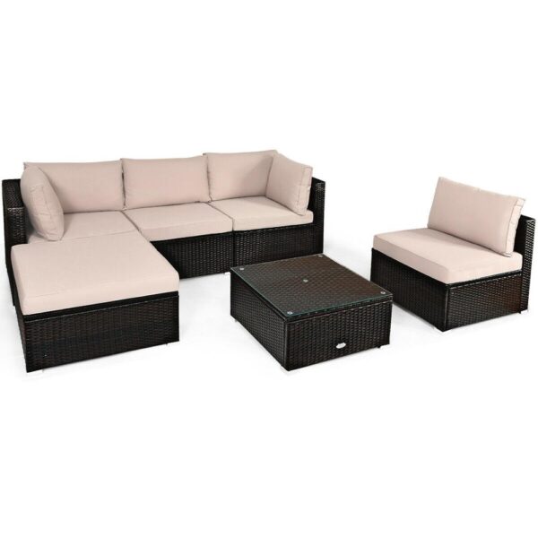 6PCS Outdoor Patio Rattan Furniture Set Cushioned Sectional Sofa Ottoman HW63878+ 6