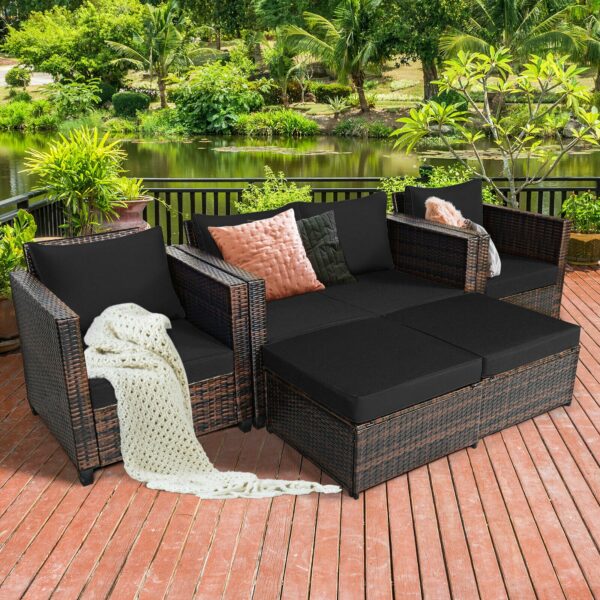 Patiojoy 5PCS Patio Rattan Furniture Set Loveseat Sofa Ottoman Cushioned Black HW67697ABK+ 3