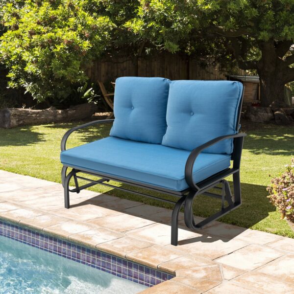 Patiojoy Patio 2-Person Glider Bench Rocking Loveseat Cushioned Armrest Blue 4