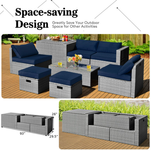 Patiojoy 8PCS Patio Rattan Furniture Set Storage Waterproof Cover Navy Cushion HW68604NY+ 6