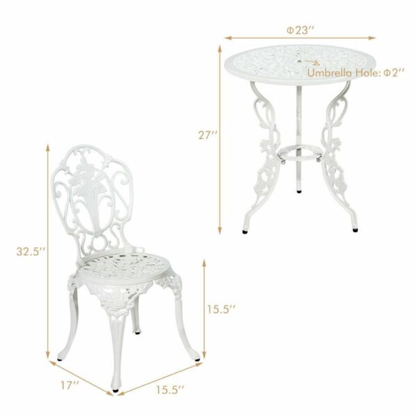 Conjunto de cadeiras de mesa para pátio, 3 peças, móveis, bistrô, alumínio fundido, jardim externo, branco, op70330 2