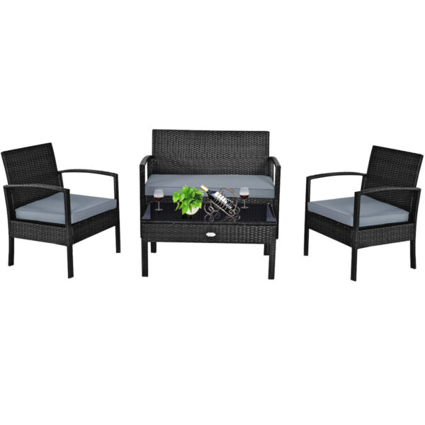 4PCS Outdoor Patio Rattan Furniture Set Cushioned Sofa Coffee Table Garden Deck HW63756 1