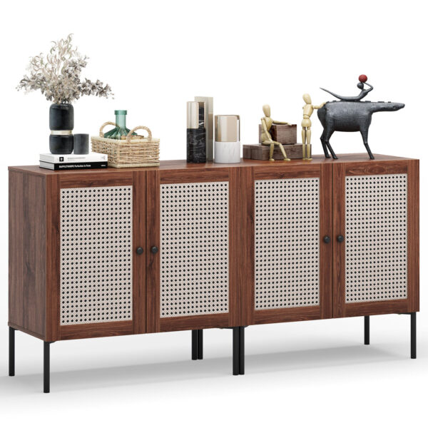 Costway Set of 2 Rattan Buffet Sideboard Wine Cabinet Cupboard w/Adjustable Shelf Walnut 1