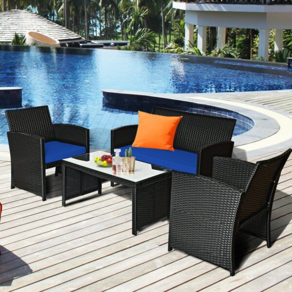 8PCS Patio Rattan Furniture Conversation Set Cushion Sofa Table Garden Navy 2*HW63239NY 2