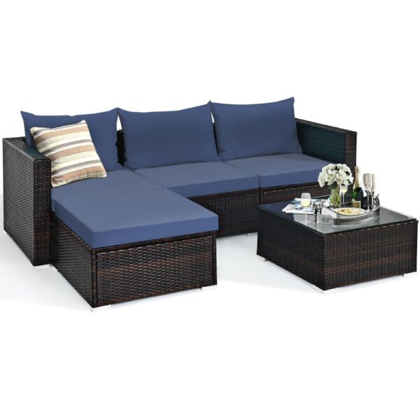 5PCS Patio Rattan Furniture Set Sectional Conversation Sofa w/ Coffee Table HW66521 1