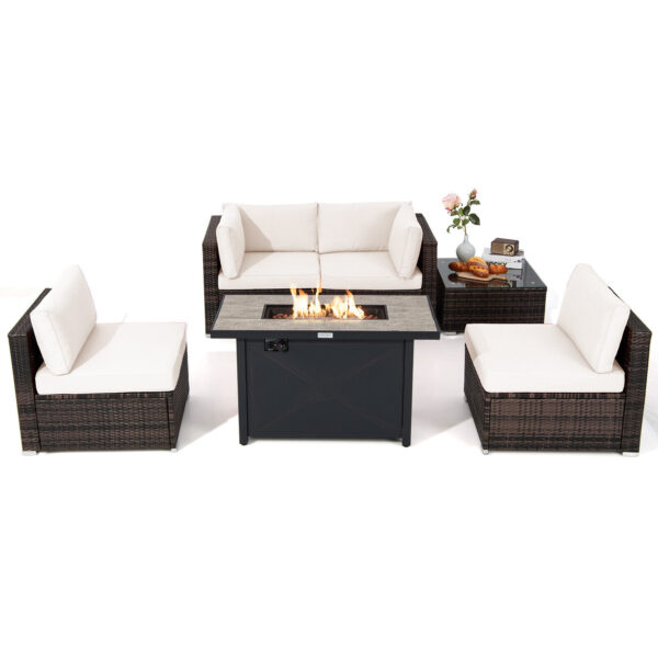 Patiojoy 6PCS Patio Furniture Set Rattan Cushioned Gas Fire Pit Table Off White 1