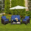 Patiojoy 4PCS Patio Rattan Furniture Set Cushioned Sofa Storage Table Navy 2