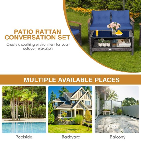 Patiojoy 4PCS Patio Rattan Furniture Set Cushioned Sofa Storage Table Navy 5