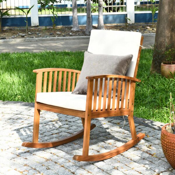 2PC Outdoor Acacia Wood Rocking Chair Patio Backyard Garden Lawn W/ Cushion 2*HW63886 4