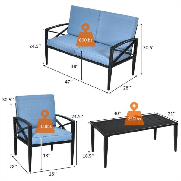4PCS Patio Furniture Set Aluminum Frame Cushioned Sofa Chair Coffee Table Blue HW65783+ 2