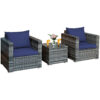 Patiojoy 3 PC Patio Rattan Furniture Bistro Set Cushioned Sofa Chair Table Navy HW66530NY+ 1