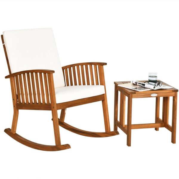 2PCS Acacia Wood Patio Rocking Chair Table Set Rocker Cushioned Coffee Table 1