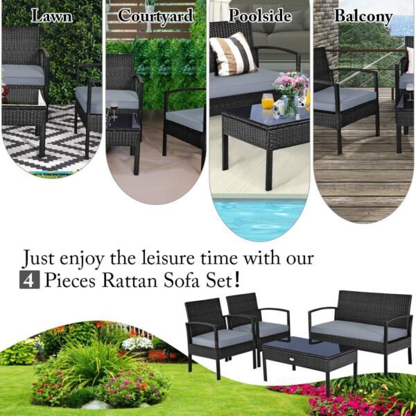 4PCS Outdoor Patio Rattan Furniture Set Cushioned Sofa Coffee Table Garden Deck HW63756 6