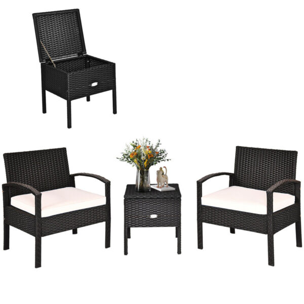 Patiojoy 3PCS Patio Rattan Furniture Set Storage Table Cushioned Sofa Black HW63757WH 1