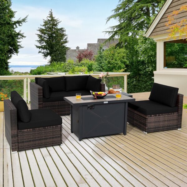 Patiojoy 6PCS Patio Furniture Set Rattan Cushioned Sofa Gas Fire Pit Table Black 3