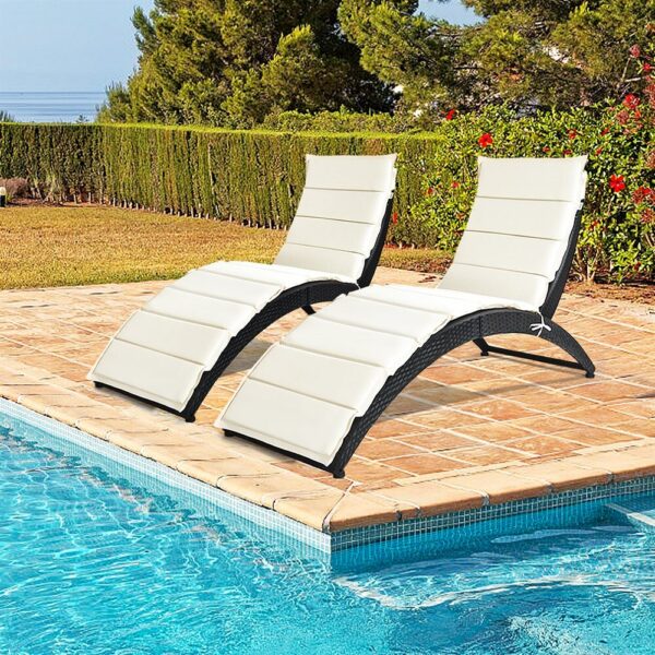 Costway 2PCS Folding Patio Rattan Lounge Chair Chaise Cushioned Portable Garden Black 3