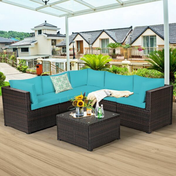 Patiojoy 6PCS Patio Rattan Furniture Set Sectional Cushioned Sofa Deck Turquoise HW68449TU+ 3