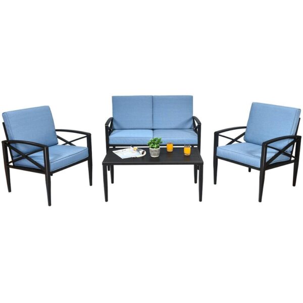 4PCS Patio Furniture Set Aluminum Frame Cushioned Sofa Chair Coffee Table Blue HW65783+ 1