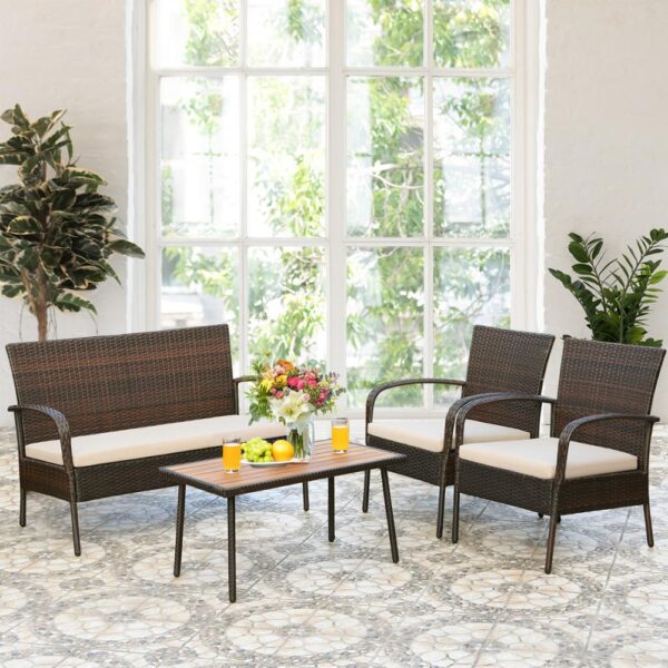 4PCS Patio Rattan Furniture Set Outdoor Conversation Set Coffee Table w/Cushions HW66527 4