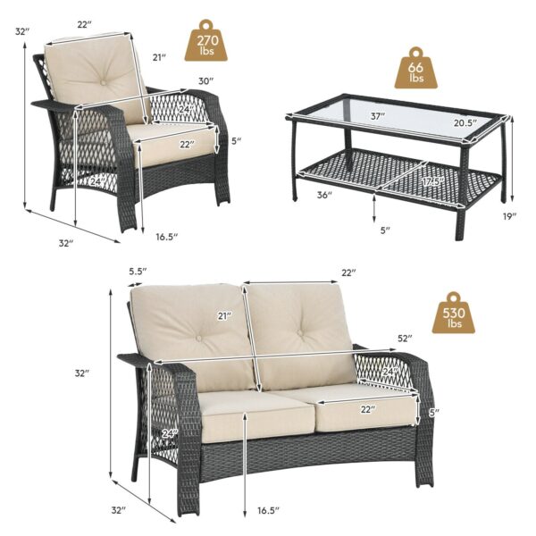 Patiojoy 4PCS Patio Wicker Furniture Set Loveseat Sofa Coffee Table W/ Cushion NP10087WL-BE 6