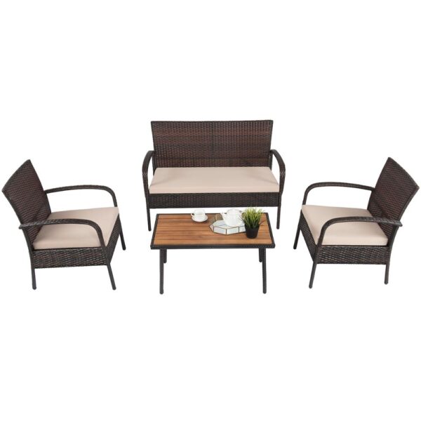 4PCS Patio Rattan Furniture Set Outdoor Conversation Set Coffee Table w/Cushions HW66527 1