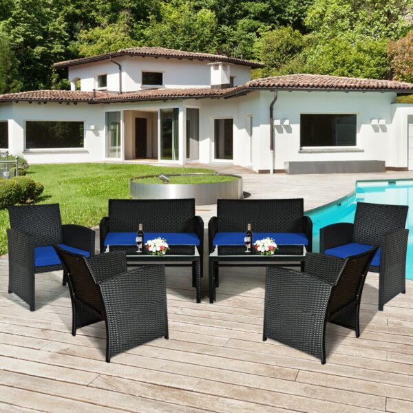 8PCS Patio Rattan Furniture Conversation Set Cushion Sofa Table Garden Navy 2*HW63239NY 3