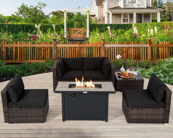 Patiojoy 6PCS Patio Furniture Set Rattan Cushioned Sofa Gas Fire Pit Table Black 4