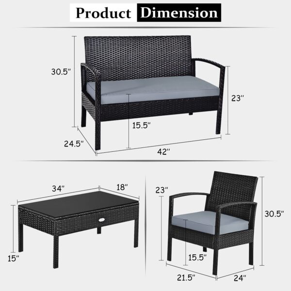 Costway 4PCS Outdoor Patio Rattan Furniture Set Cushioned Sofa Coffee Table Garden Deck 3