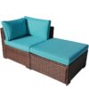 JARDINA 2PCS Outdoor Patio Sectional Furniture Sofa Armchair Wicker Sofa Ottoman with Turquoise Cushion 1