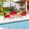 4PCS Patio Rattan Furniture Set Acacia Wood Frame Cushioned Sofa Chair Red HW66517RE+ 3