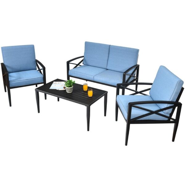 4PCS Patio Furniture Set Aluminum Frame Cushioned Sofa Chair Coffee Table Blue HW65783+ 6