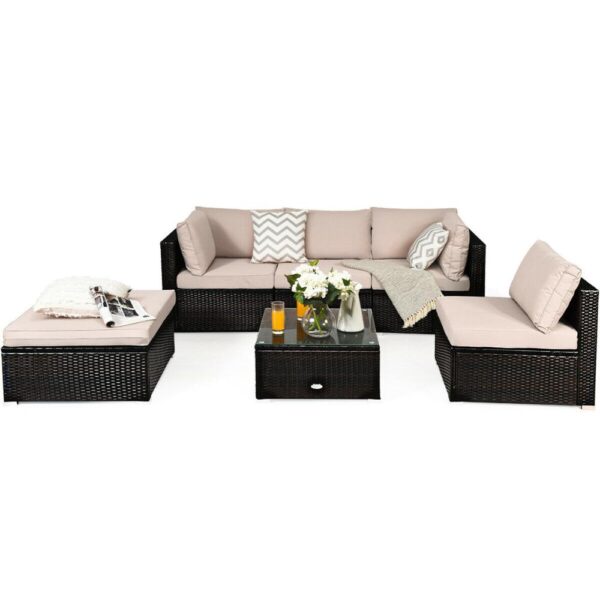 6PCS Outdoor Patio Rattan Furniture Set Cushioned Sectional Sofa Ottoman HW63878+ 1