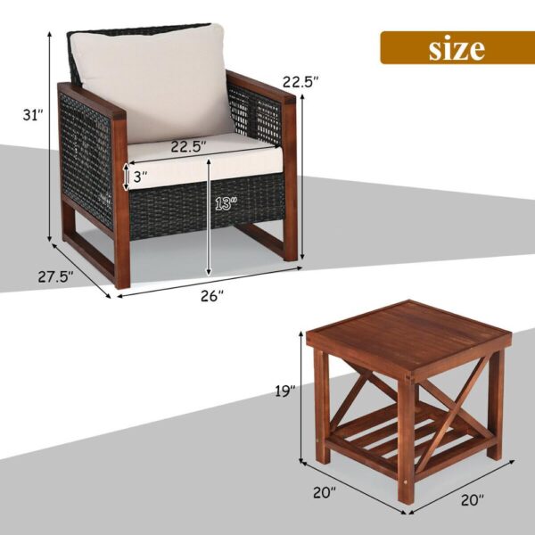 3PCS Patio Wicker Furniture Set Solid Wood Frame Cushion Sofa Square Table Shelf HW65227 2
