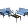 4PCS Patio Furniture Set Aluminum Frame Cushioned Sofa Chair Coffee Table Blue HW65783+ 5