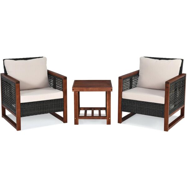 3PCS Patio Wicker Furniture Set Solid Wood Frame Cushion Sofa Square Table Shelf HW65227 1